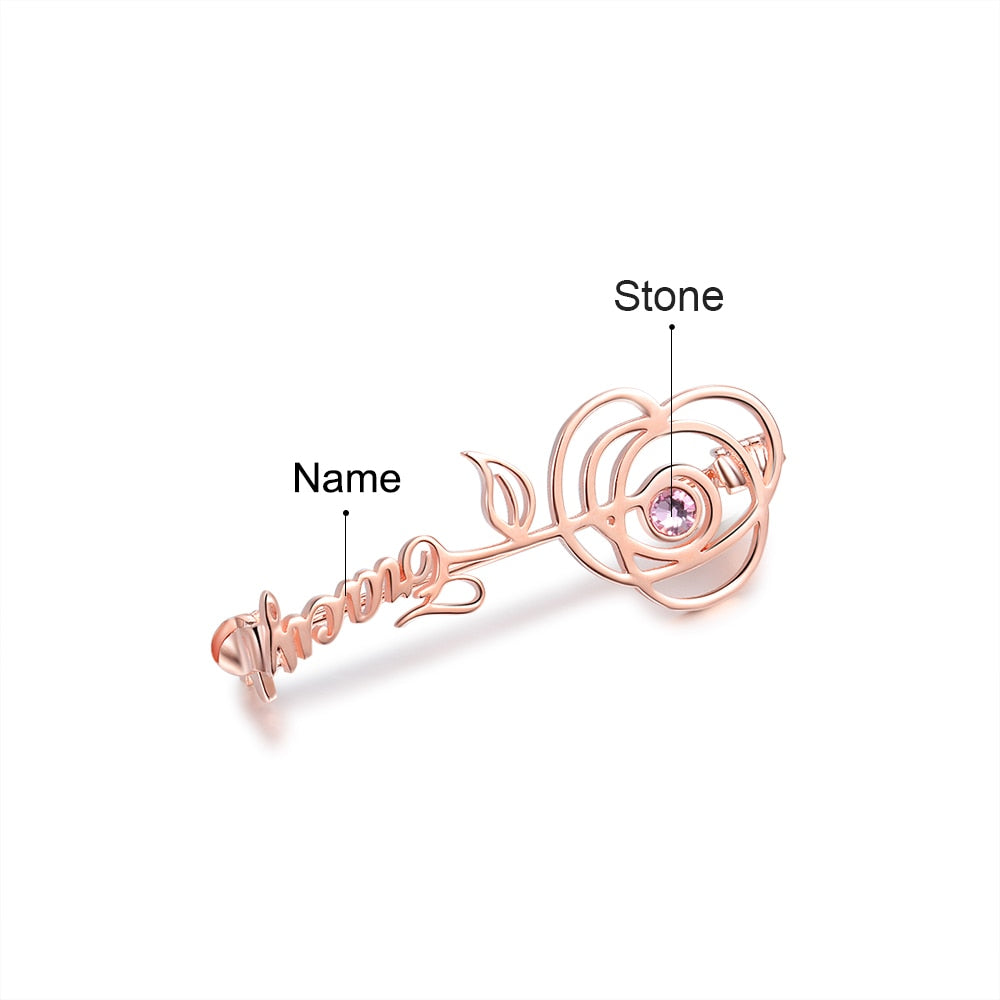 Personalized Name Brooches for Women Elegant Customized Birthstone Rose Flower Leaf Brooch Gifts for Mother-Florence Scovel