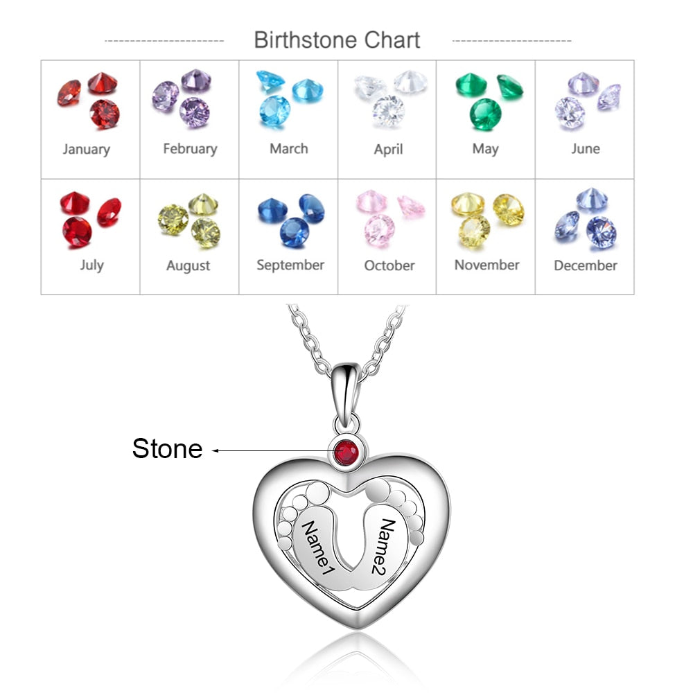Personalized Baby Feet Heart Pendant Necklace Customized Birthstone Engraved Name Charm Jewelry Memory Gift for Women-Florence Scovel