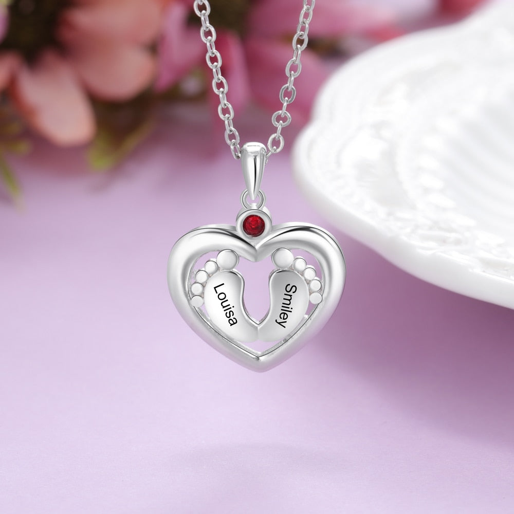 Personalized Baby Feet Heart Pendant Necklace Customized Birthstone Engraved Name Charm Jewelry Memory Gift for Women-Florence Scovel