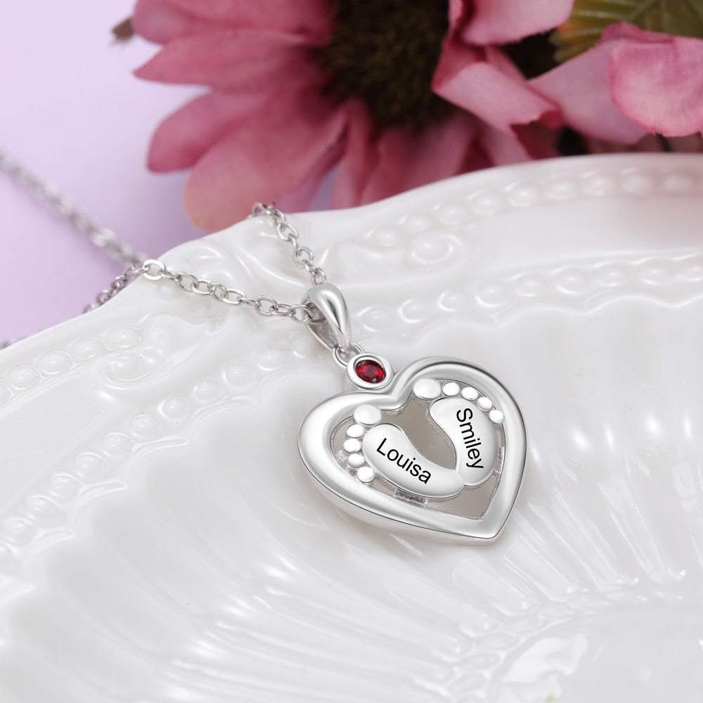 Personalized Baby Feet Heart Pendant Necklace Customized Birthstone Engraved Name Charm Jewelry Memory Gift for Women-Florence Scovel