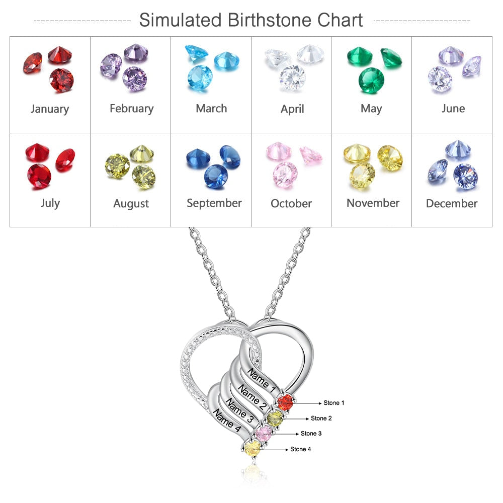 Family Heart Pendant Necklace with 4 Birthstones Customized Engraving Name Mother Necklace New Year Gift-Florence Scovel