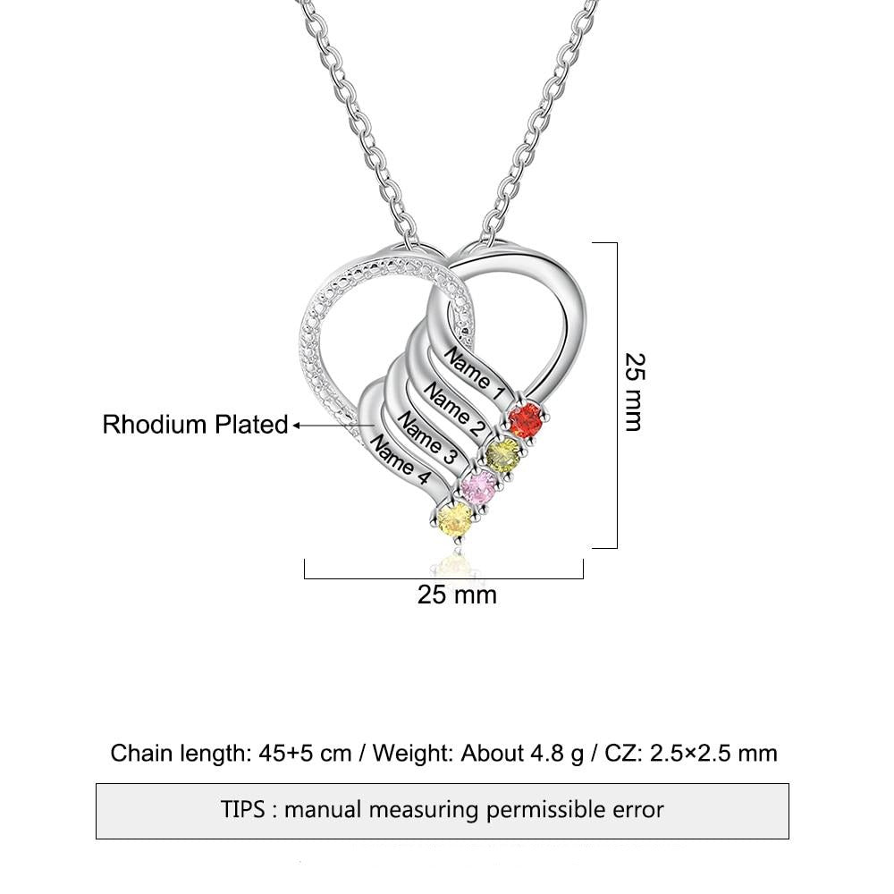 Family Heart Pendant Necklace with 4 Birthstones Customized Engraving Name Mother Necklace New Year Gift-Florence Scovel
