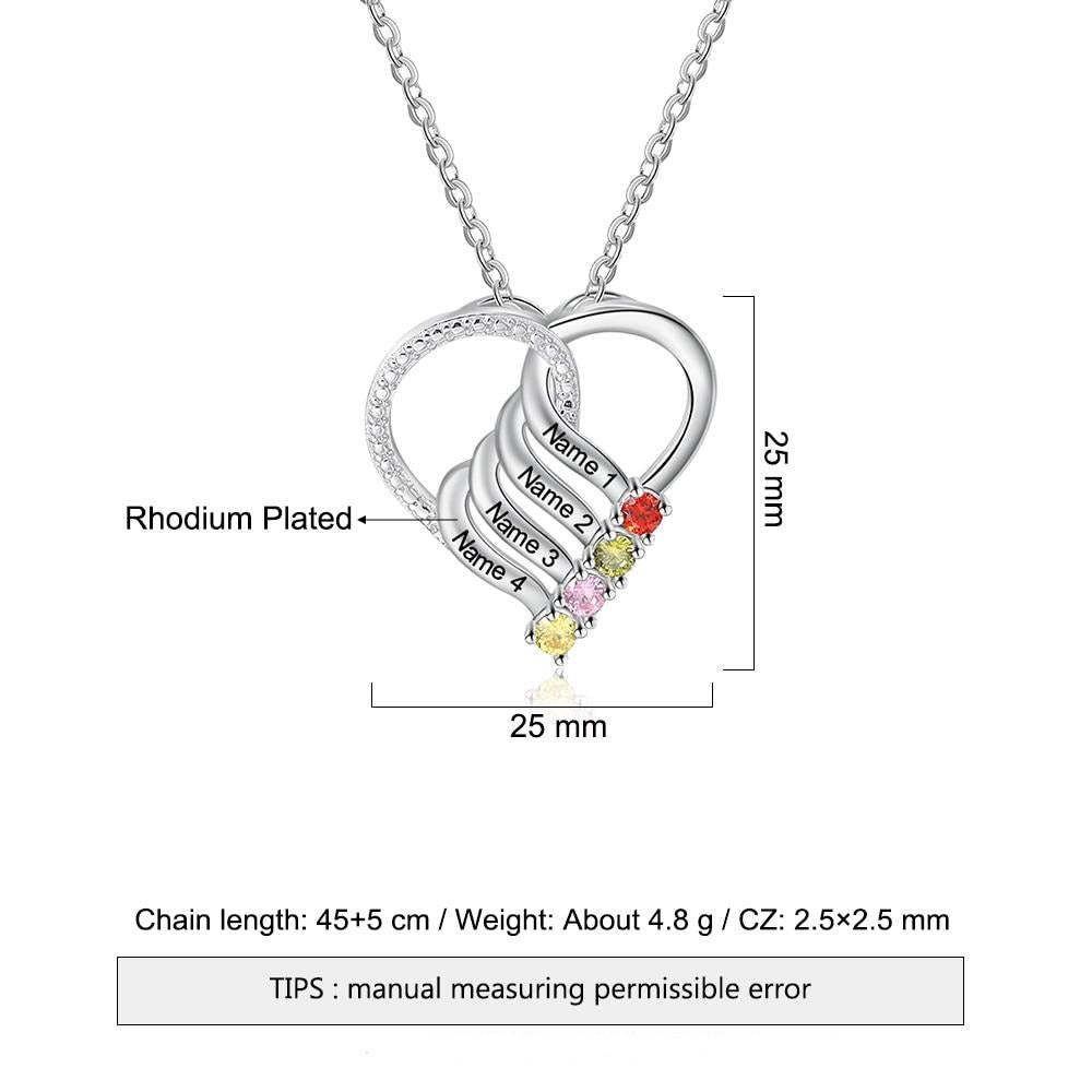 Family Heart Pendant Necklace with 4 Birthstones Customized Engraving Name Mother Necklace New Year Gift-Florence Scovel