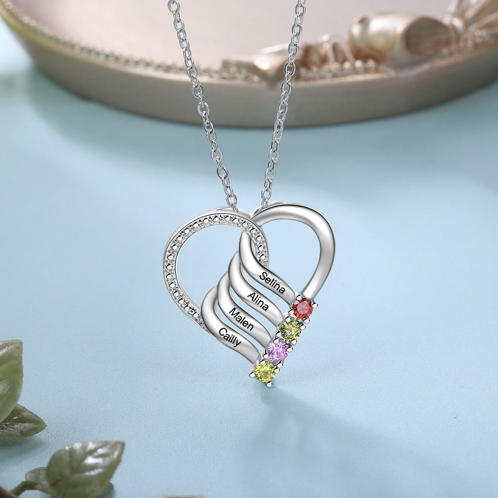 Family Heart Pendant Necklace with 4 Birthstones Customized Engraving Name Mother Necklace New Year Gift-Florence Scovel