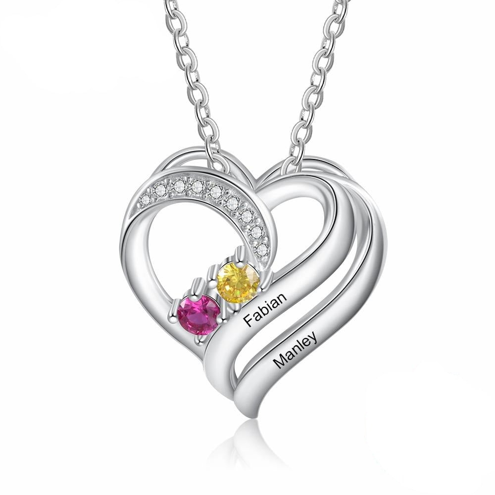 925 Sterling Silver Personalized Engraving Name Heart Pendant Customized Mothers Necklace with 2 Birthstones Fine Gifts-Florence Scovel