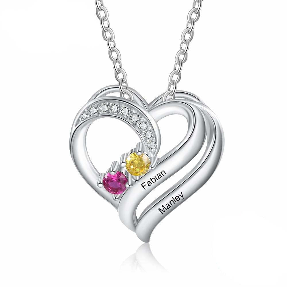 925 Sterling Silver Personalized Engraving Name Heart Pendant Customized Mothers Necklace with 2 Birthstones Fine Gifts-Florence Scovel