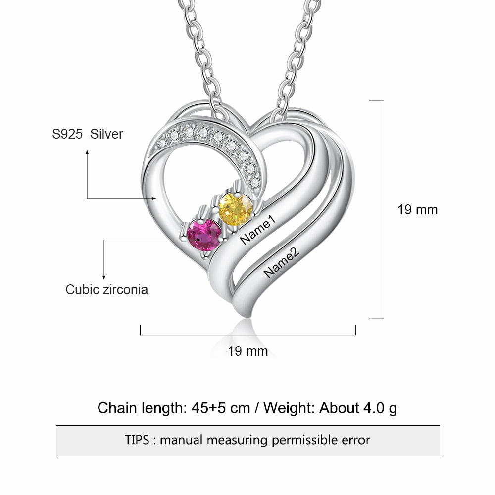 925 Sterling Silver Personalized Engraving Name Heart Pendant Customized Mothers Necklace with 2 Birthstones Fine Gifts-Florence Scovel