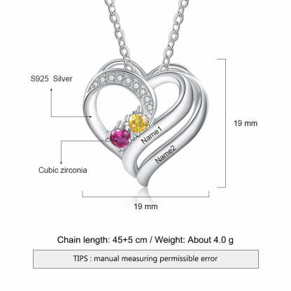 925 Sterling Silver Personalized Engraving Name Heart Pendant Customized Mothers Necklace with 2 Birthstones Fine Gifts-Florence Scovel