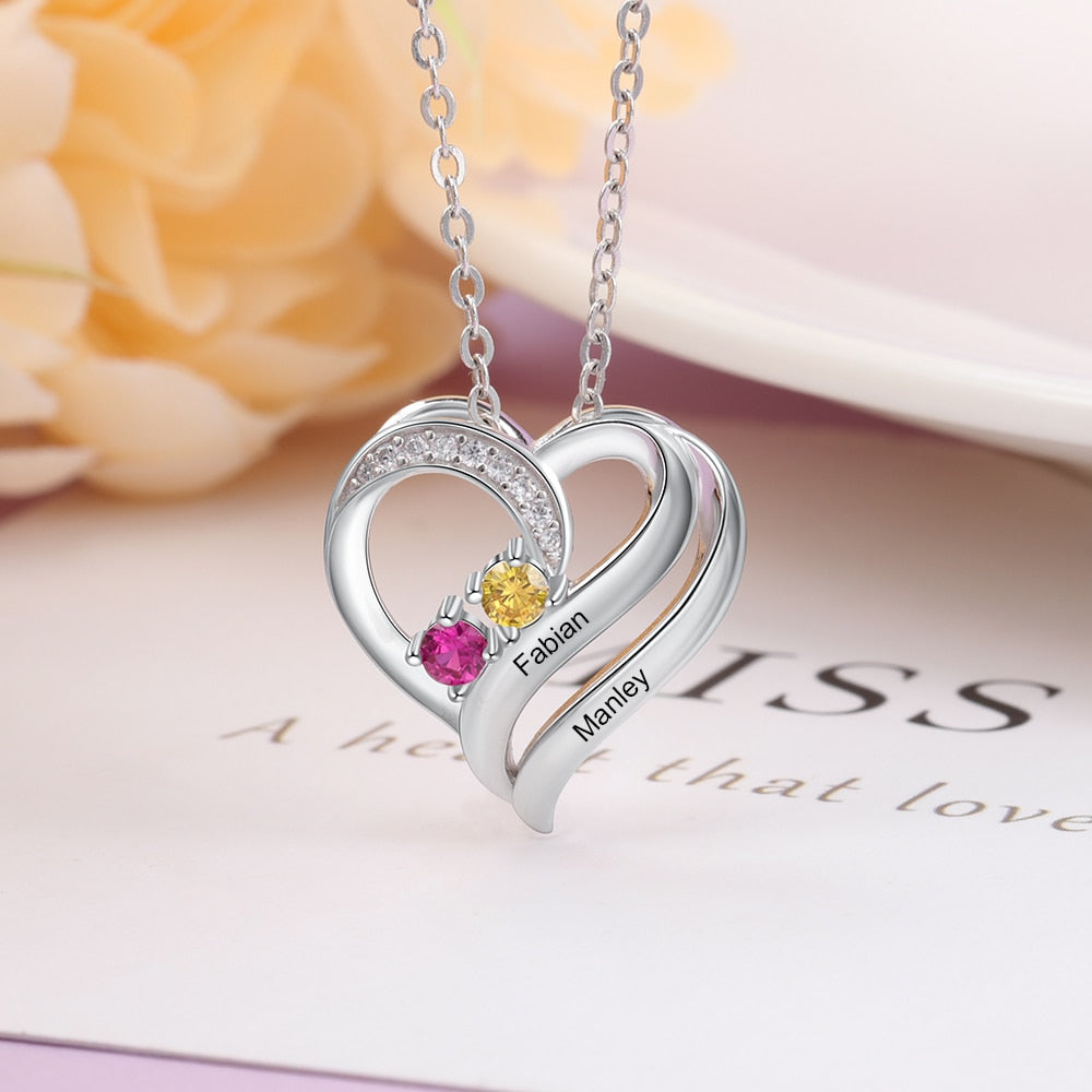 925 Sterling Silver Personalized Engraving Name Heart Pendant Customized Mothers Necklace with 2 Birthstones Fine Gifts-Florence Scovel