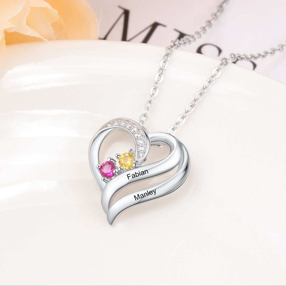 925 Sterling Silver Personalized Engraving Name Heart Pendant Customized Mothers Necklace with 2 Birthstones Fine Gifts-Florence Scovel