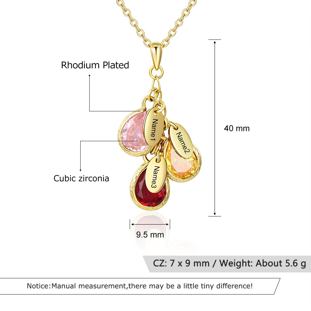 Mother Necklace with 3 Custom Birthstones Engraved Family kids Names Water Drop Pendant Necklace Gifts-Florence Scovel