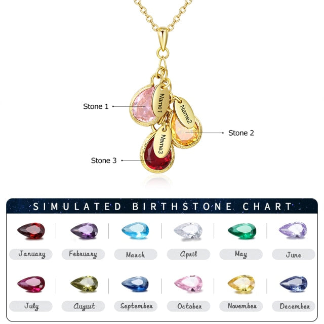 Mother Necklace with 3 Custom Birthstones Engraved Family kids Names Water Drop Pendant Necklace Gifts-Florence Scovel