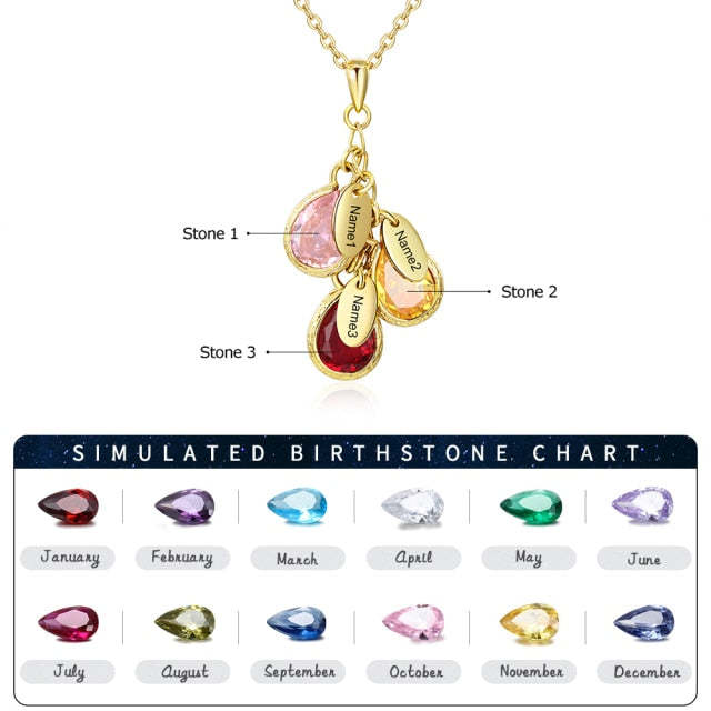 Mother Necklace with 3 Custom Birthstones Engraved Family kids Names Water Drop Pendant Necklace Gifts-Florence Scovel