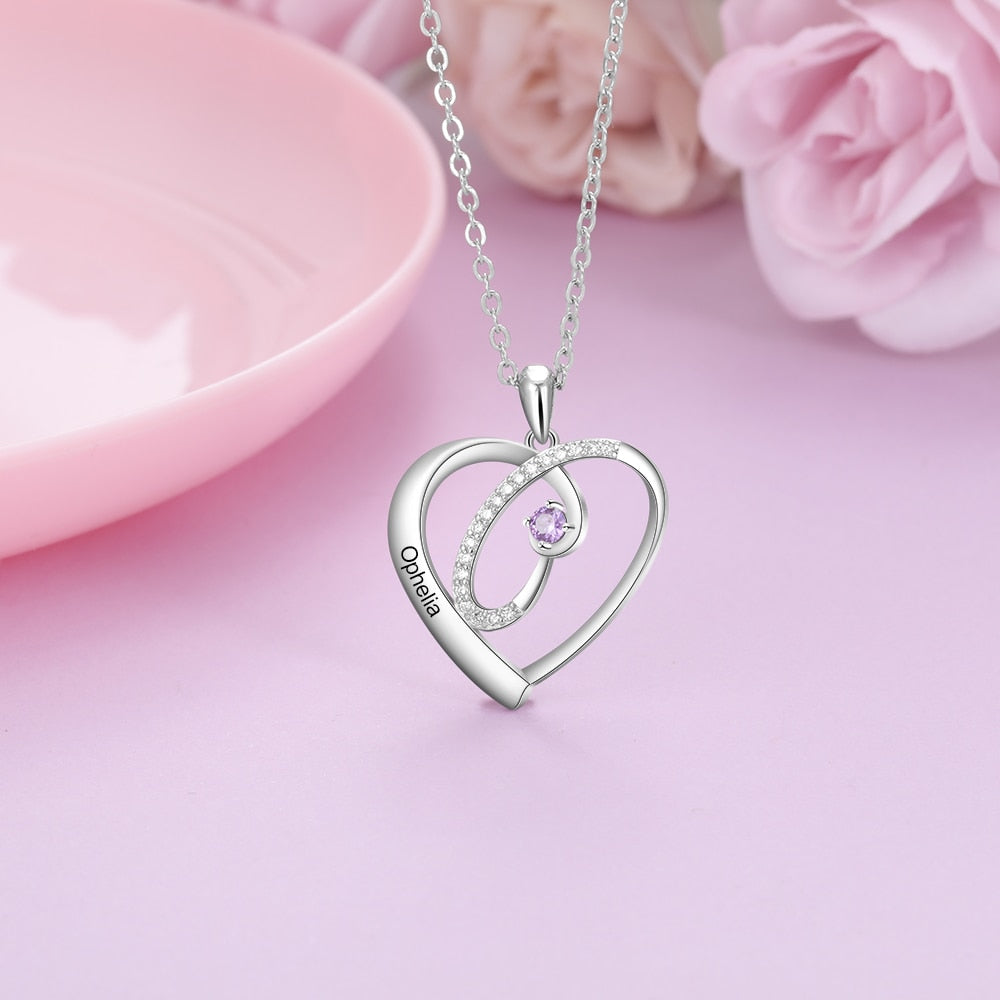 Personalized 12 Colors Birthstone Necklaces for Women Customized Name Engraved Heart Pendant Necklace Jewelry-Florence Scovel