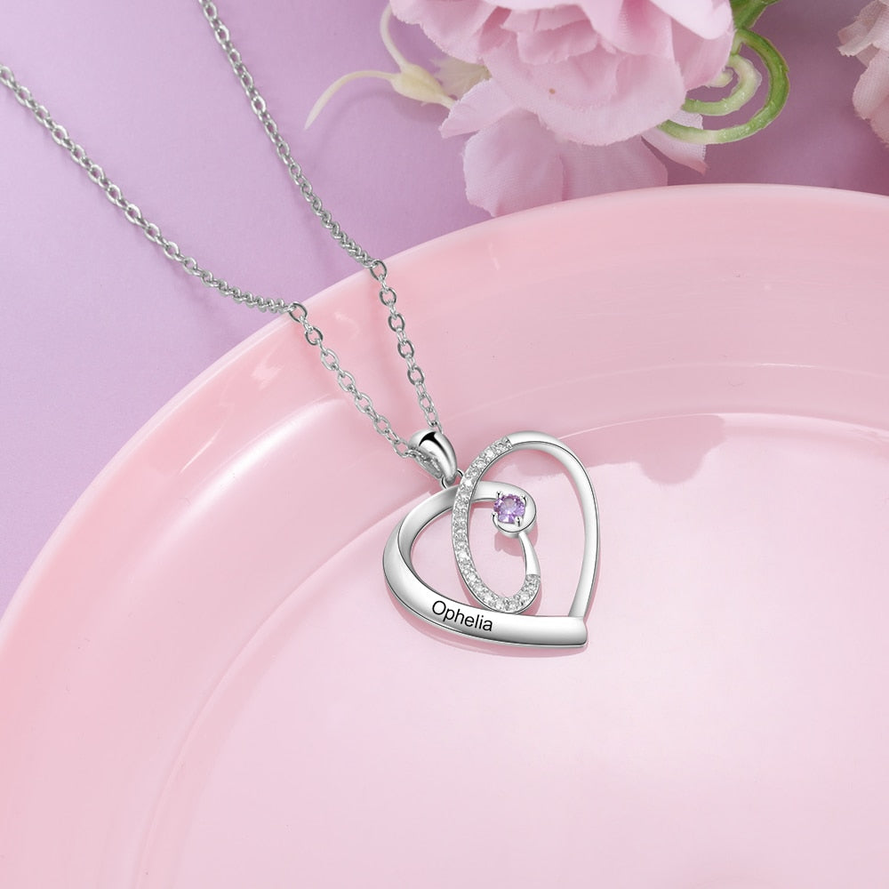Personalized 12 Colors Birthstone Necklaces for Women Customized Name Engraved Heart Pendant Necklace Jewelry-Florence Scovel