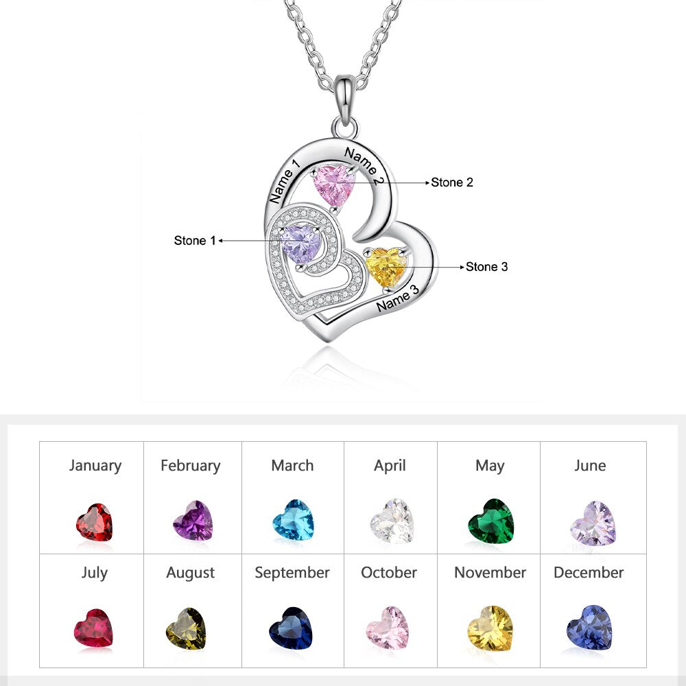 Romantic Custom Name Engraved Necklaces for Women Personalized Heart Pendant Necklace with 3 Birthstones Gift for Her-Florence Scovel