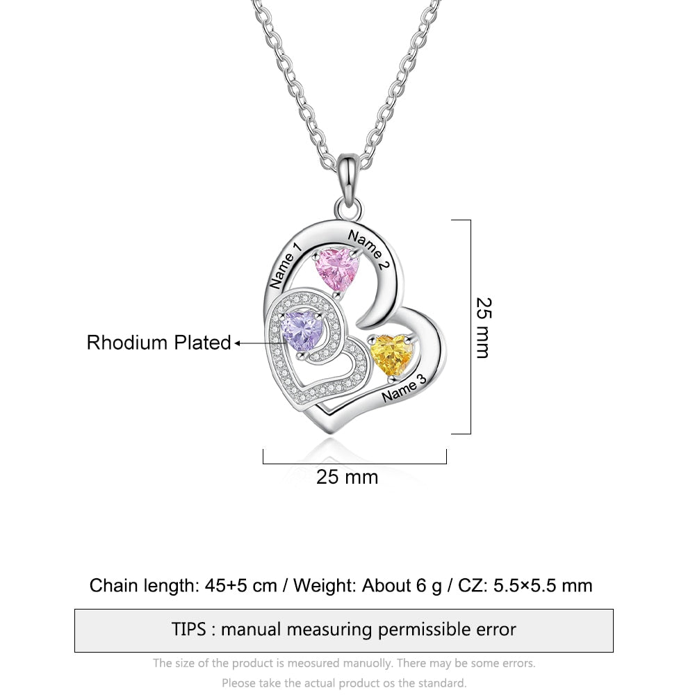 Romantic Custom Name Engraved Necklaces for Women Personalized Heart Pendant Necklace with 3 Birthstones Gift for Her-Florence Scovel