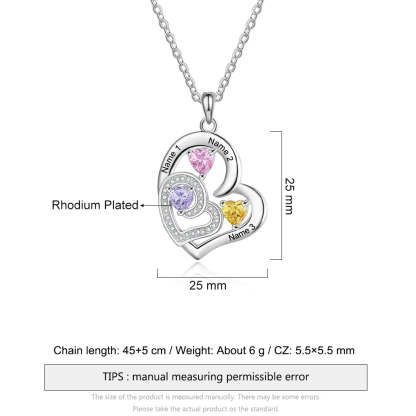 Romantic Custom Name Engraved Necklaces for Women Personalized Heart Pendant Necklace with 3 Birthstones Gift for Her-Florence Scovel