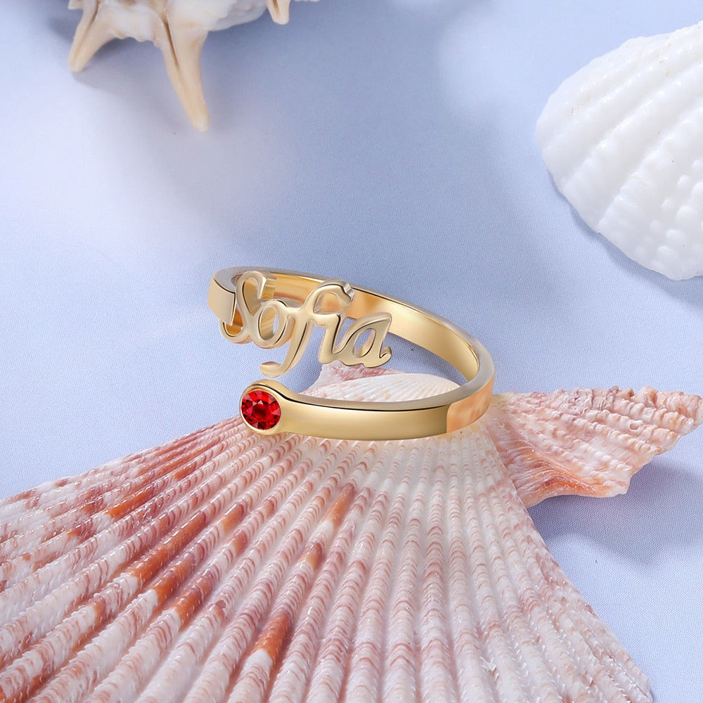 925 Sterling Silver Personalized Name Ring with Birthstone Customized Nameplate Open Rings for Women Christmas Gifts-Florence Scovel