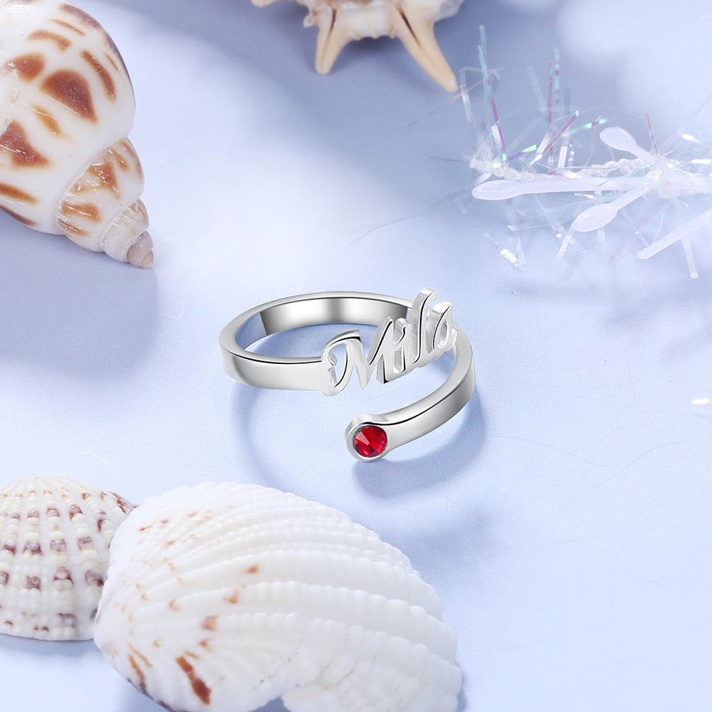 925 Sterling Silver Personalized Name Ring with Birthstone Customized Nameplate Open Rings for Women Christmas Gifts-Florence Scovel