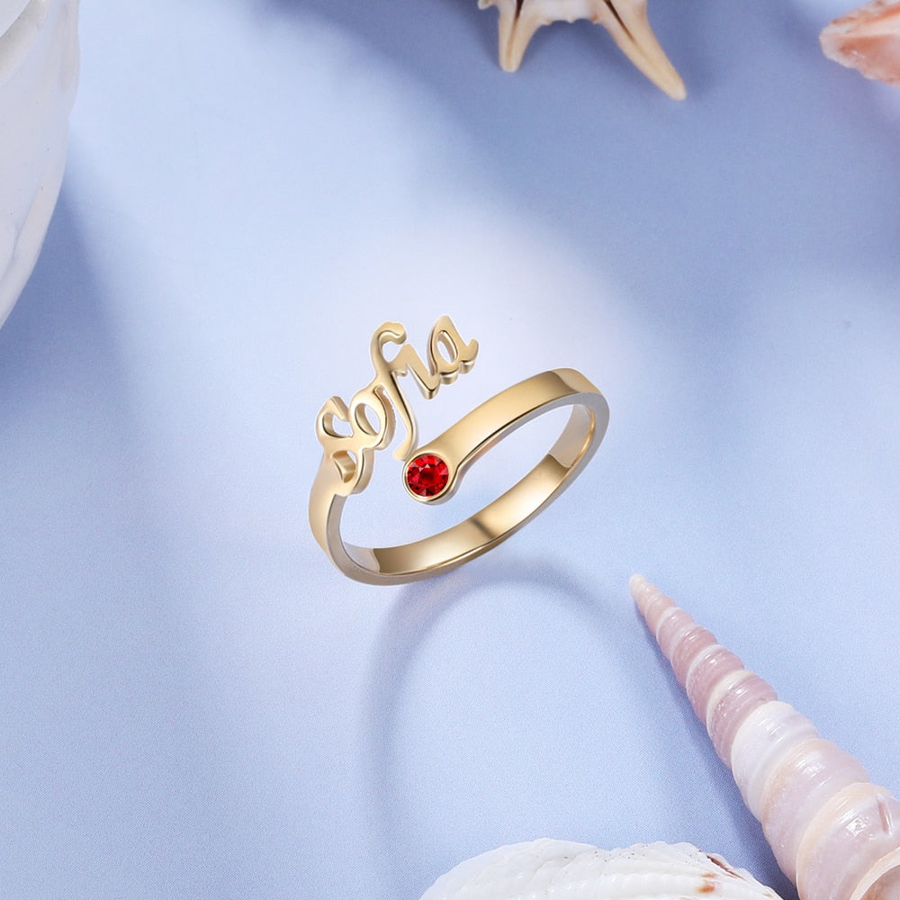 925 Sterling Silver Personalized Name Ring with Birthstone Customized Nameplate Open Rings for Women Christmas Gifts-Florence Scovel