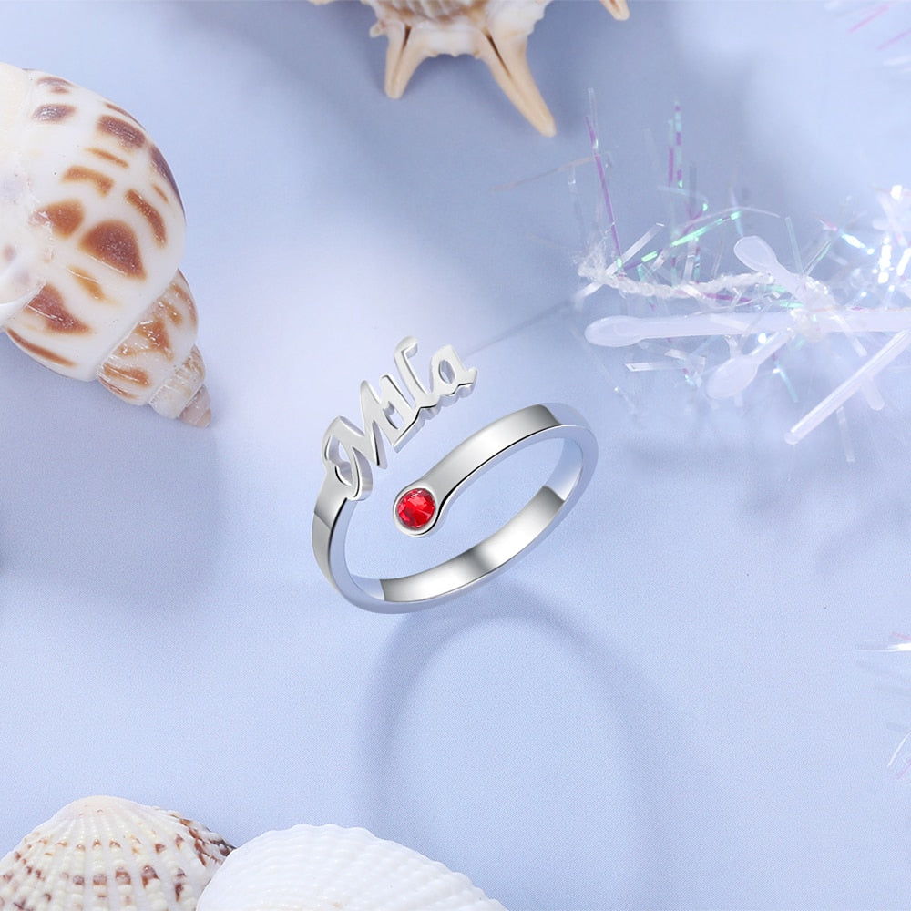 925 Sterling Silver Personalized Name Ring with Birthstone Customized Nameplate Open Rings for Women Christmas Gifts-Florence Scovel