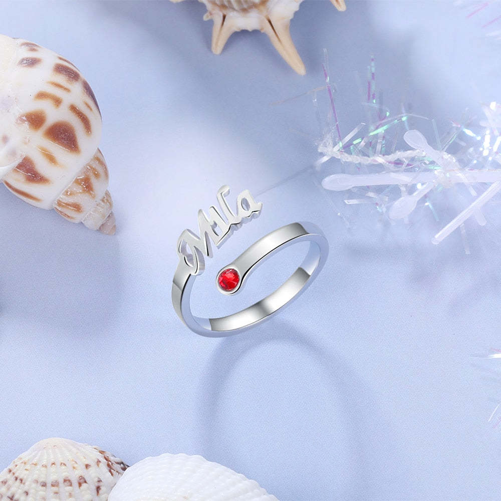 925 Sterling Silver Personalized Name Ring with Birthstone Customized Nameplate Open Rings for Women Christmas Gifts-Florence Scovel