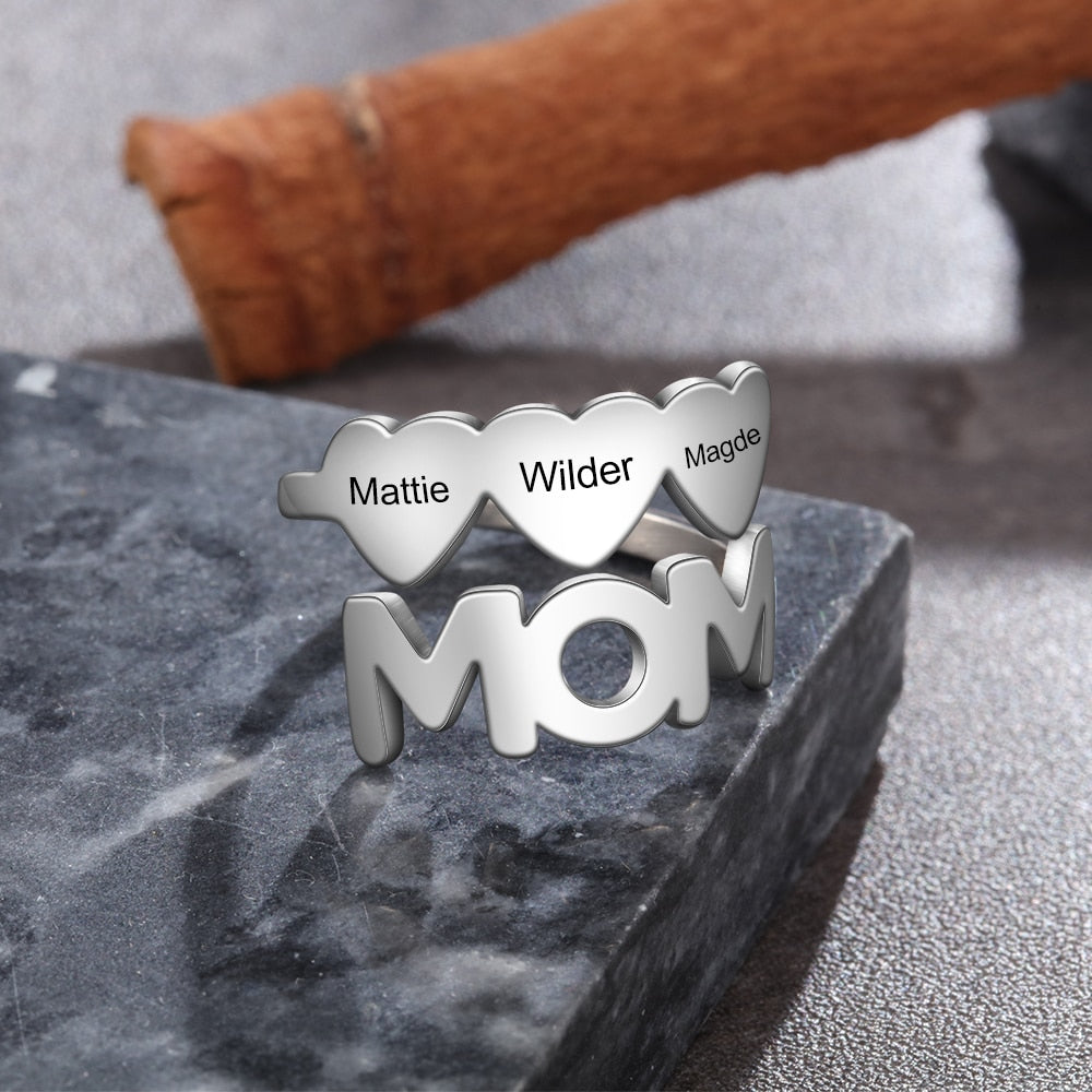 Personalized Stainless Steel Mom Ring Customized Engraving 3 Names Rings for Women Mothers Day Gifts-Florence Scovel