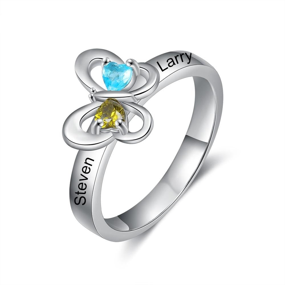 Delicate Personalized Name Butterfly Ring with 2 Heart Birthstones Customized Engraved Rings for Women Couples Gifts-Florence Scovel