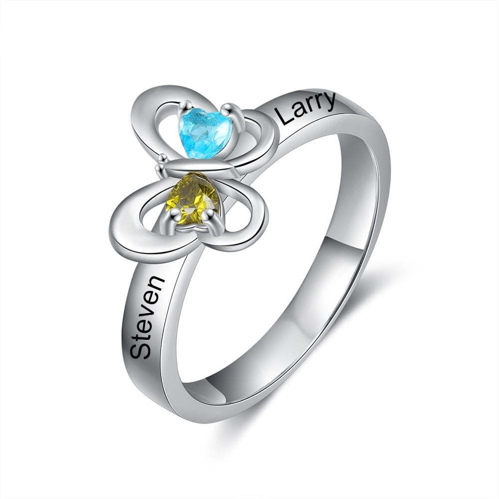 Delicate Personalized Name Butterfly Ring with 2 Heart Birthstones Customized Engraved Rings for Women Couples Gifts-Florence Scovel