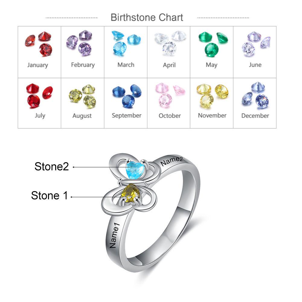 Delicate Personalized Name Butterfly Ring with 2 Heart Birthstones Customized Engraved Rings for Women Couples Gifts-Florence Scovel