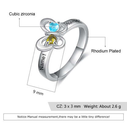 Delicate Personalized Name Butterfly Ring with 2 Heart Birthstones Customized Engraved Rings for Women Couples Gifts-Florence Scovel