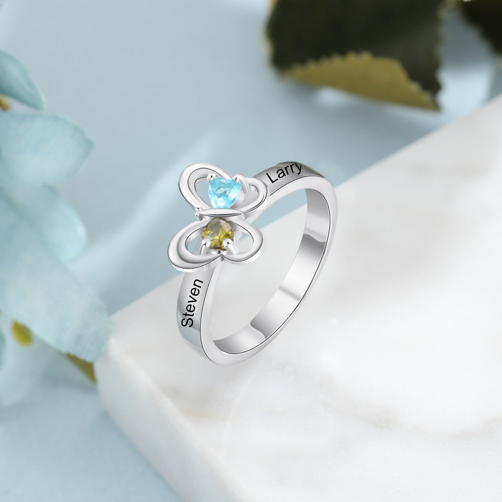 Delicate Personalized Name Butterfly Ring with 2 Heart Birthstones Customized Engraved Rings for Women Couples Gifts-Florence Scovel