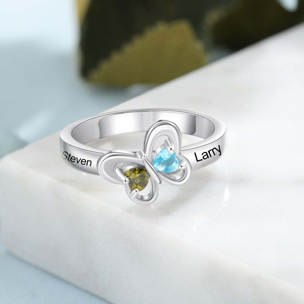 Delicate Personalized Name Butterfly Ring with 2 Heart Birthstones Customized Engraved Rings for Women Couples Gifts-Florence Scovel