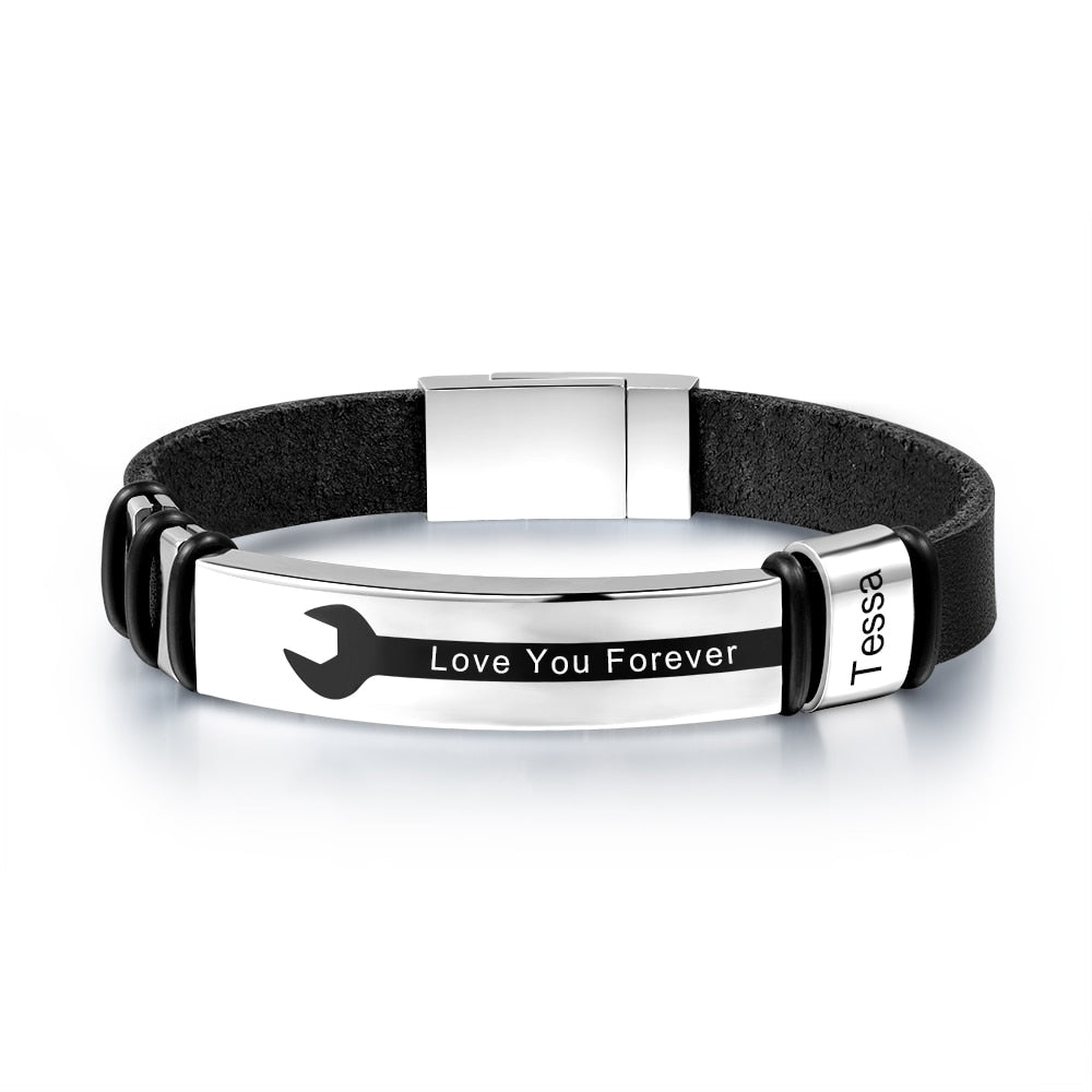 Personalized Engraved Name Black Leather Bracelets For Men-Florence Scovel