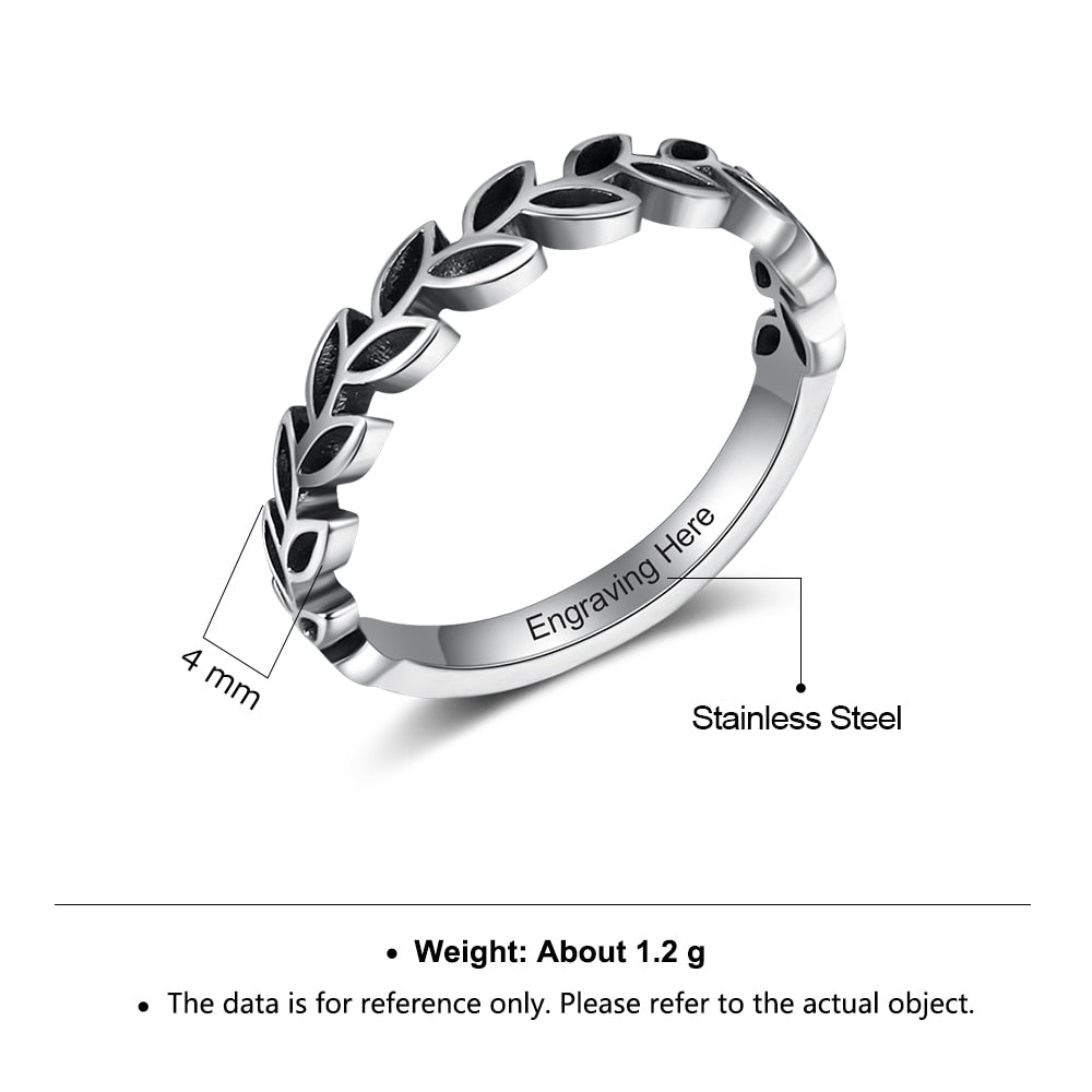Vintage Style Customized Inside Engraved Rings for Women Personalized Stainless Steel Female Leaf Ring Custom Gifts-Florence Scovel