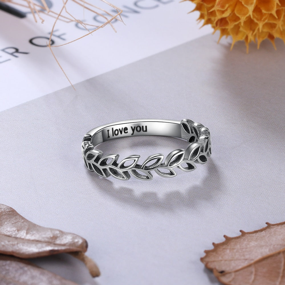 Vintage Style Customized Inside Engraved Rings for Women Personalized Stainless Steel Female Leaf Ring Custom Gifts-Florence Scovel