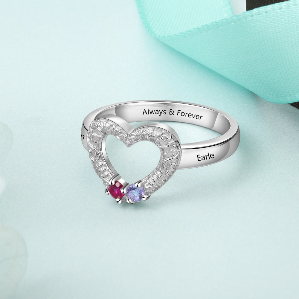 Customized Heart Ring with 2 birthstones 925 Sterling Silver Personalized Name Promise Ring Anniversary Gift-Florence Scovel