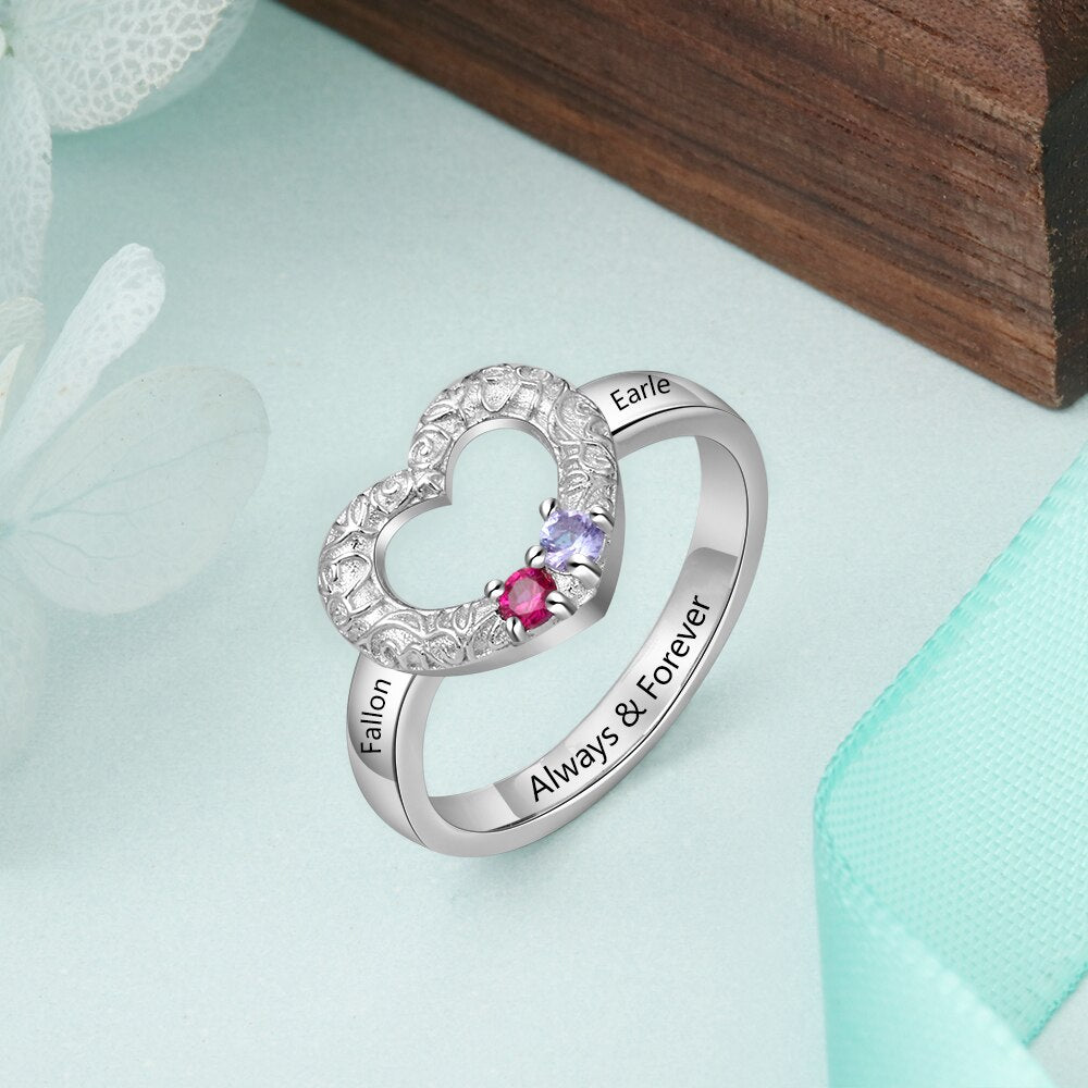Customized Heart Ring with 2 birthstones 925 Sterling Silver Personalized Name Promise Ring Anniversary Gift-Florence Scovel