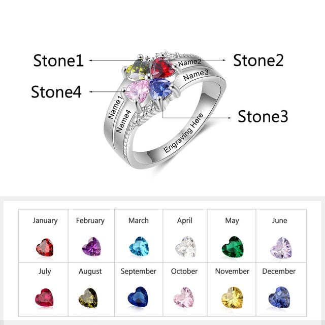 Customized Family Name Mothers Ring with 4 Heart Birthstones Silver Color Personalized Engraved Rings for Women Gifts-Florence Scovel