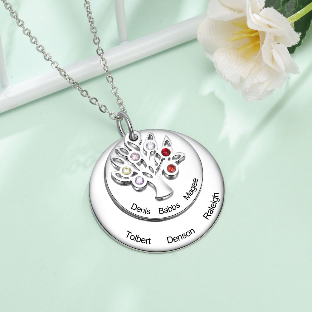 Personalized Family Name Engraved Necklaces for Women Tree of Life Stainless Steel Pendant Necklace with 6 Birthstones Jewelry-Florence Scovel