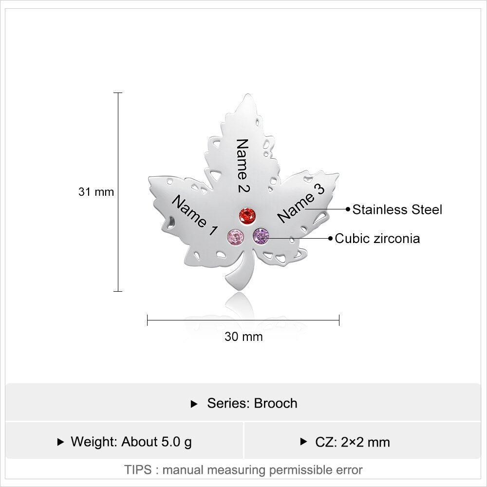 Personalized Engraving Name Maple Leaf Brooches for Women Custom 3 Birthstone Brooch Jewelry Gift for Ladies-Florence Scovel
