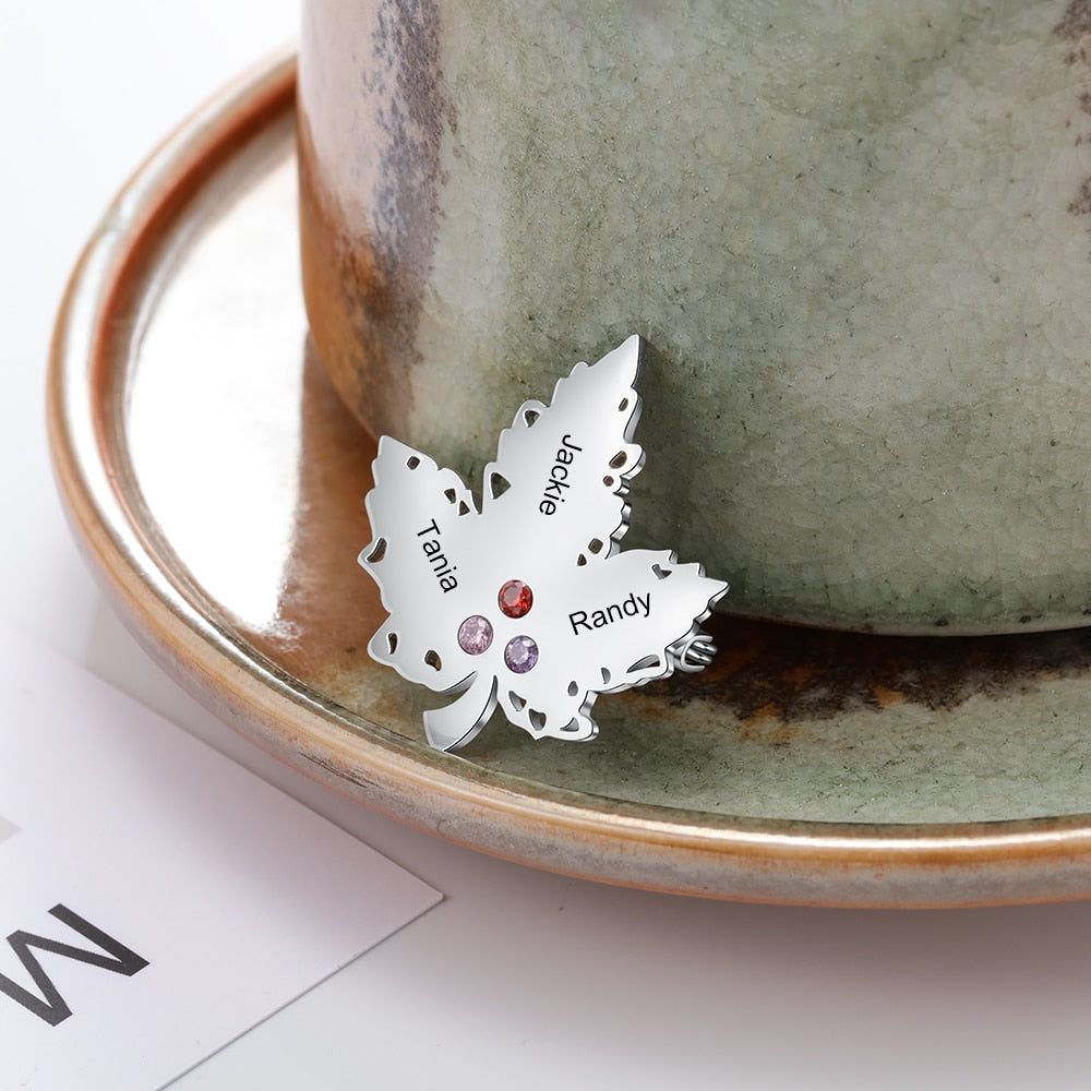 Personalized Engraving Name Maple Leaf Brooches for Women Custom 3 Birthstone Brooch Jewelry Gift for Ladies-Florence Scovel