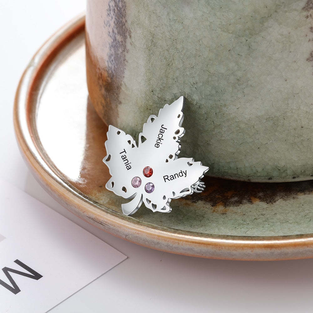 Personalized Engraving Name Maple Leaf Brooches for Women Custom 3 Birthstone Brooch Jewelry Gift for Ladies-Florence Scovel