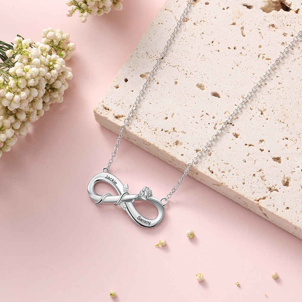 Personalized Engrave 2 Names Rose Flower Pendant Customized Infinity Love Chain Necklace Valentines Gift for Girlfriend-Florence Scovel