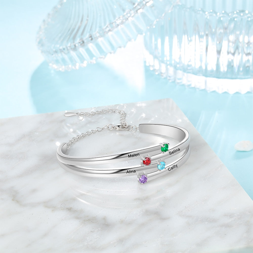 Personalized 4 Birthstones Family Bracelets for Women Custom Name Engraved Bracelet Mothers Day Gifts-Florence Scovel