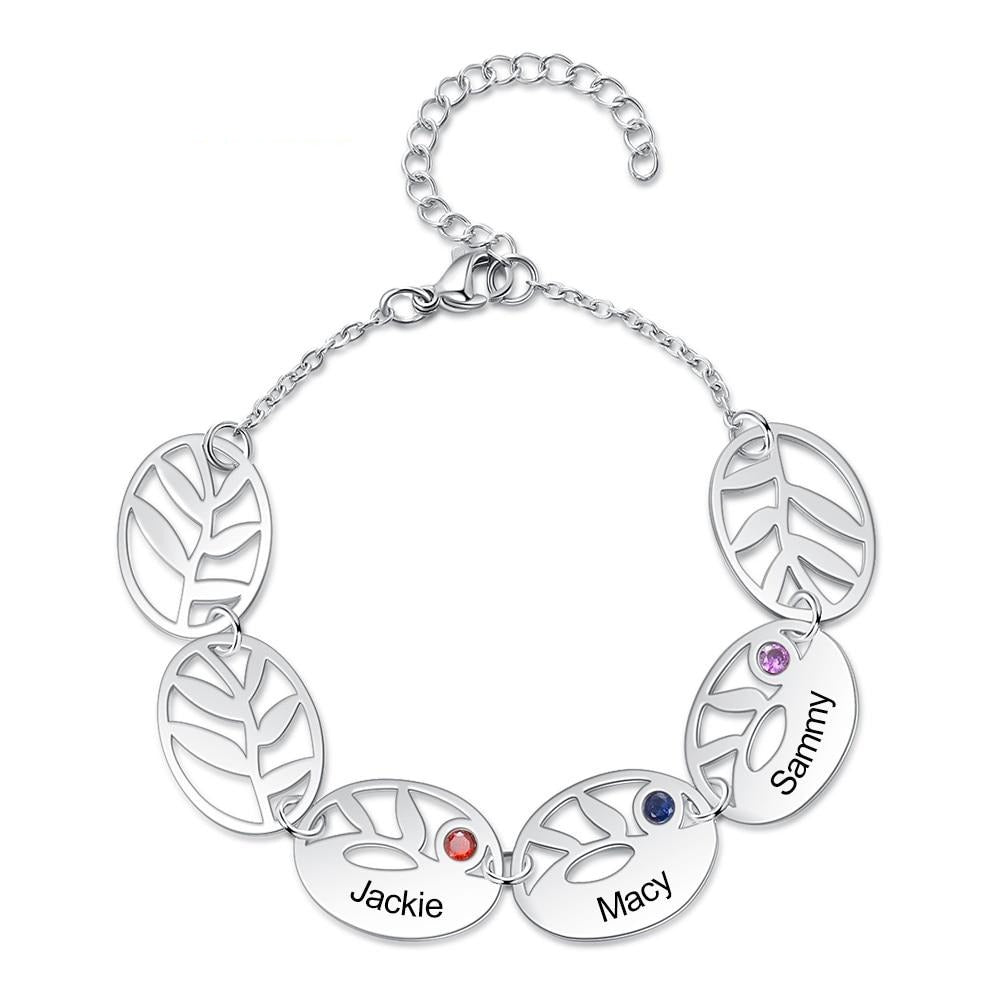 Personalized 3 Names Engraving Leaf Charm Bracelet Customized DIY Birthstone Bracelets for Women Gifts for Mother-Florence Scovel