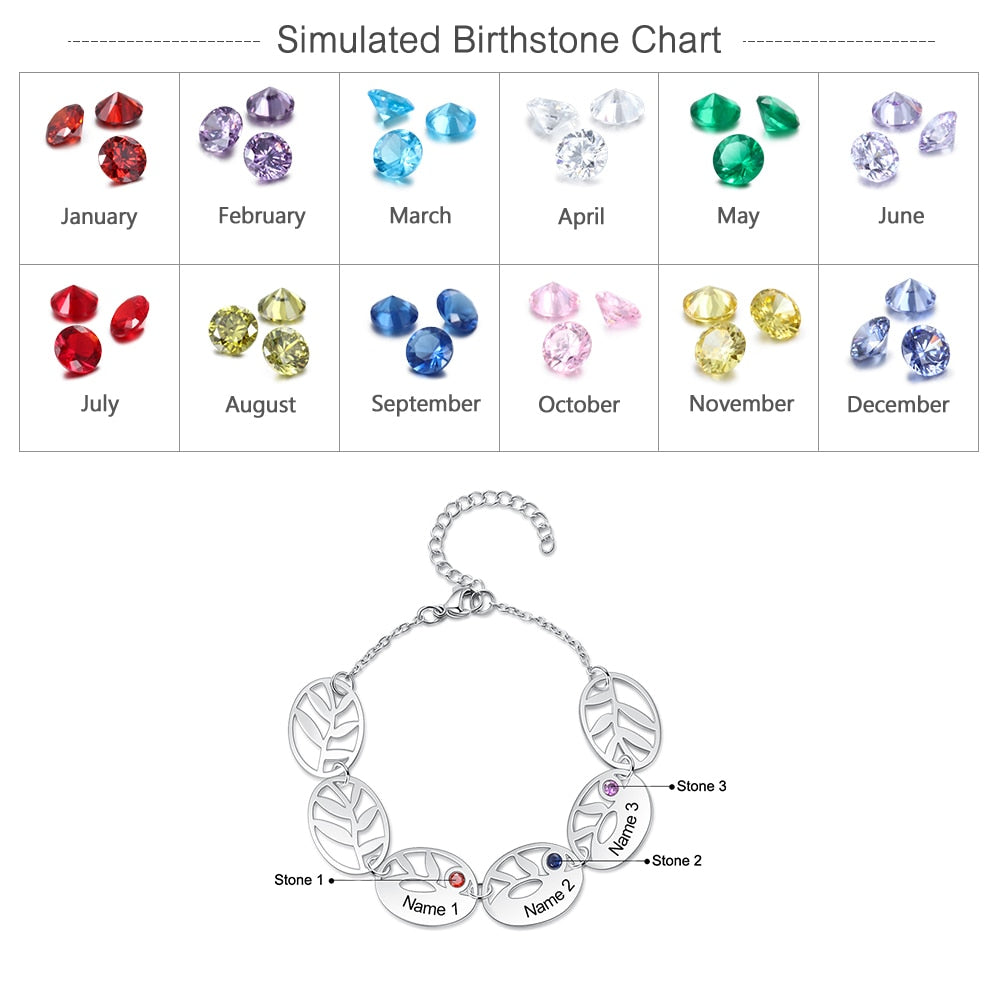Personalized 3 Names Engraving Leaf Charm Bracelet Customized DIY Birthstone Bracelets for Women Gifts for Mother-Florence Scovel