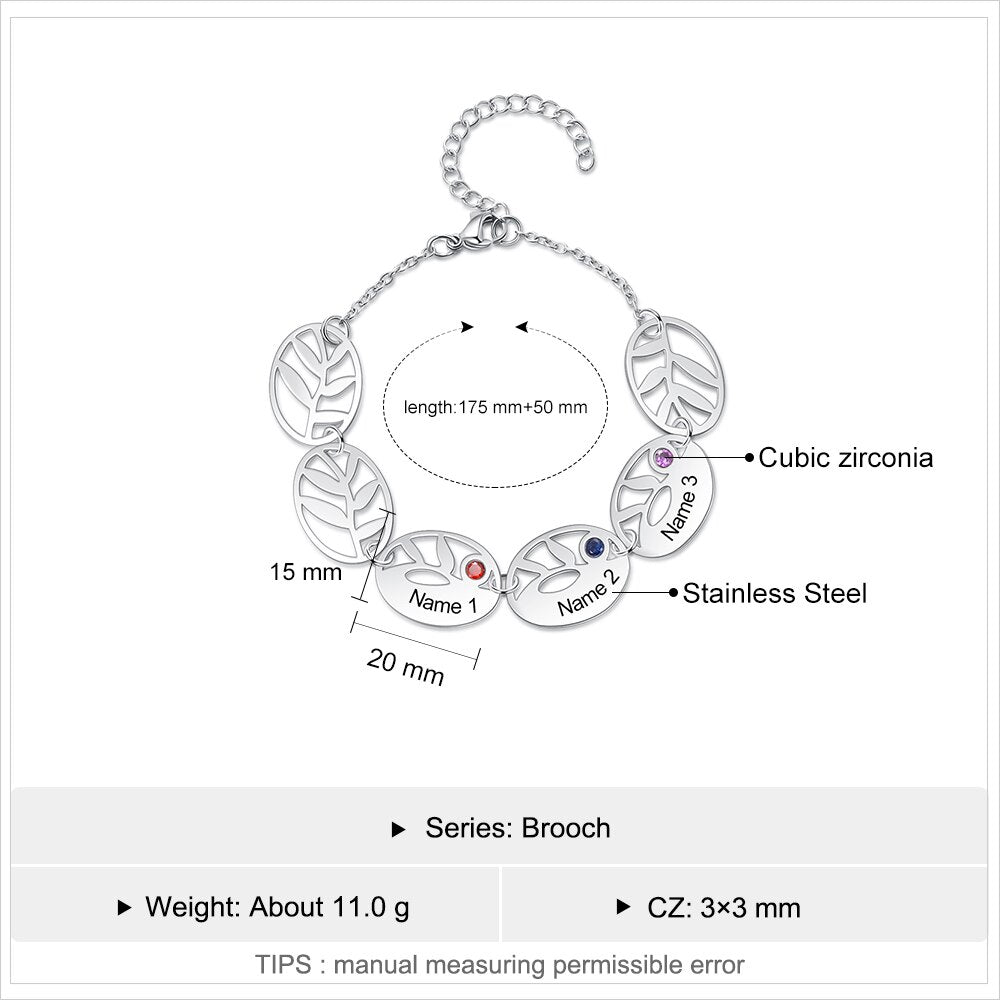 Personalized 3 Names Engraving Leaf Charm Bracelet Customized DIY Birthstone Bracelets for Women Gifts for Mother-Florence Scovel
