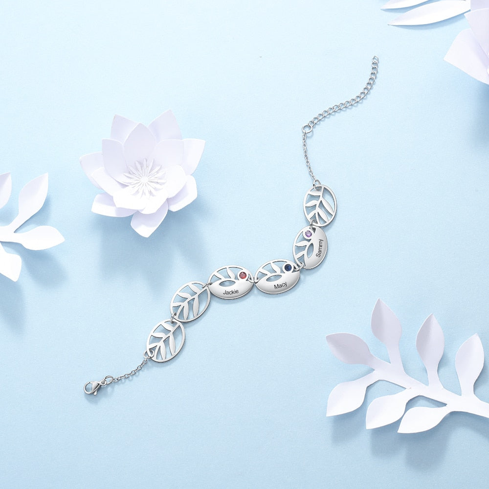 Personalized 3 Names Engraving Leaf Charm Bracelet Customized DIY Birthstone Bracelets for Women Gifts for Mother-Florence Scovel